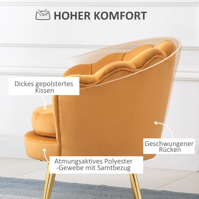 Крісло HOMCOM, крісло-шезлонг у формі мушлі з металевими ніжками, крісло для макіяжу з оксамитовою оббивкою, для спальні та вітальні, жовтого кольору | Aosom
