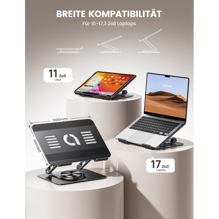 Підставка для ноутбука Lamicall, регульована - 360° обертання, складна, алюмінієва - для столу/офісу, універсальна ергономічна підставка для Macbook Pro Air, 10-17,3' (чорна)