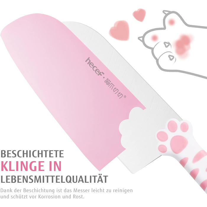 Набір кухонних ножів Hecef: 5 штук у блоці, рожевий, з ручками у формі котів