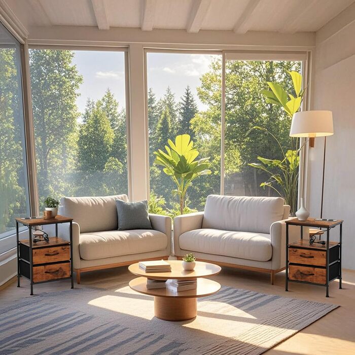 Нічні тумбочки EGGREE (2 шт) з зарядною станцією та шухлядами з тканини, колір вінтажний коричневий, для спальні, невеликих кімнат, готелю та апартаментів. USB-порти та розетки.