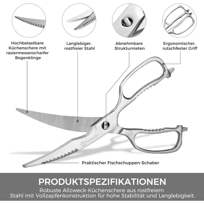 Кухонні ножиці Sunnecko 8 дюймів (20 см) - універсальні, з подрібнювачем горіхів, з ергономічною ручкою, знімні леза, з нержавіючої сталі