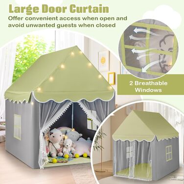 Дитячий намет HOMASIS для гри в приміщенні, ігровий будиночок з килимком, зірками та вікнами, з подвійним занавісом, намет для дівчаток та хлопчиків, намет- tipi (зелений)