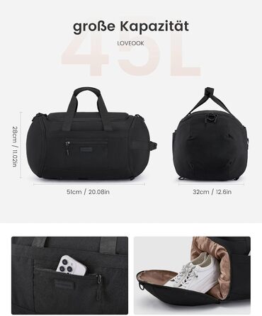 Спортивна сумка LOVEVOOK для жінок та чоловіків, велика сумка для тренувань та подорожей, 45L, з відділенням для взуття та мокрих речей, водонепроникна, з функцією рюкзака, чорна (51x28x32 см)