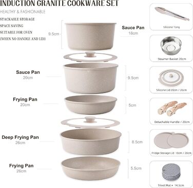Набір посуду RIOVARM з індукційним дном, антипригарне покриття з граніту, знімні ручки, силіконові кришки, без PFOA. Каструлі та сковорідки