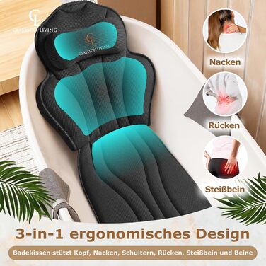 Подушка для ванни повномірна (152x56 см) з підголівником (11 см) чорного кольору – підтримка шиї, спини та ніг. Зі сумкою для прання та подорожей, гачком для сушіння.