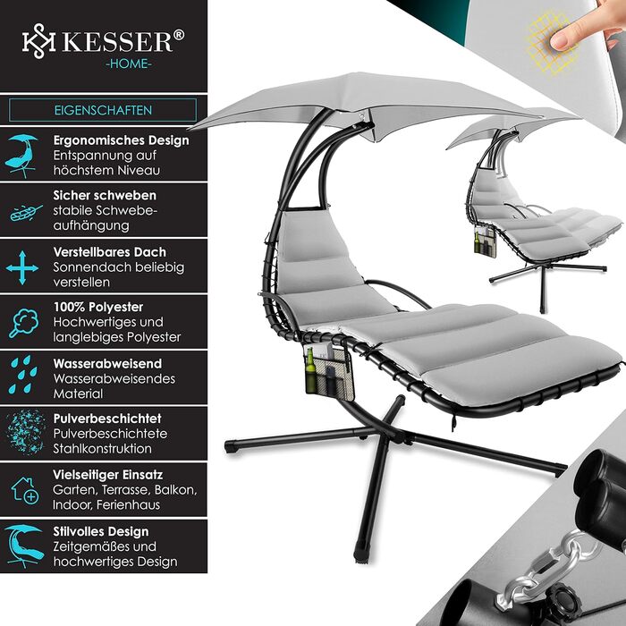 Кесер® Плаваюча лежанка з парасолькою, гамак-лежанка, сонячна лежанка H200, L194, B100 см, лежанка для відпочинку, гамак-шезлонг, до 120 кг, з подушкою для шиї, сумка в комплекті (Сірий)