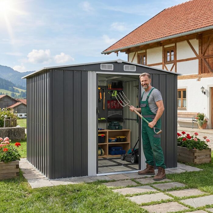 Сарай металевий Devoko 96x98x160 см з похилим дахом, антрацит. Садовий будиночок з дверима, рукавичками. Міцний, стійкий до іржі.