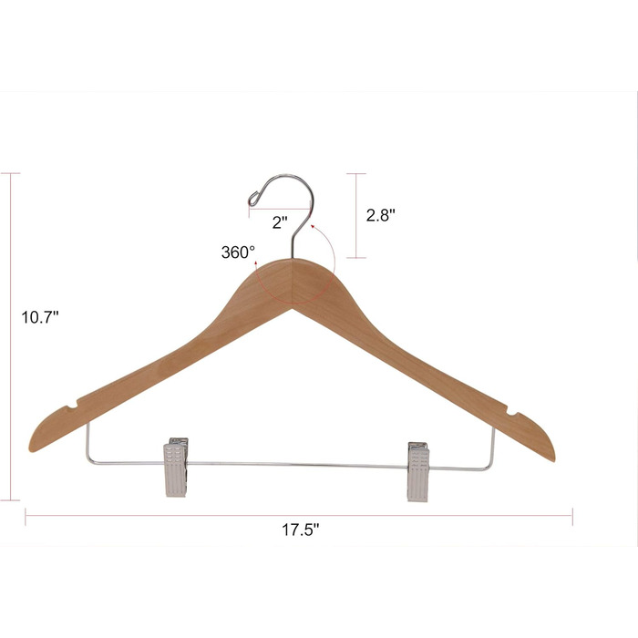 Дерев'яні вішалки для одягу з кліпсами, масивне дерево, вішалка для штанів, міцні металеві кліпси, поворотний гачок, для пальто, жакети, блузи, костюми (Натуральне дерево, 20 шт.)