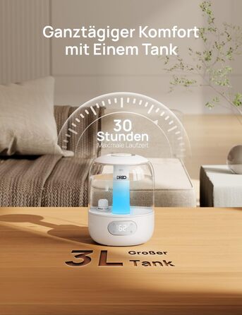 Зволожувач повітря Dreo для спальні: ультразвуковий, холодний туман, 3L, датчик вологості, нічник, для дітей, кімнатних рослин та дому (білий)