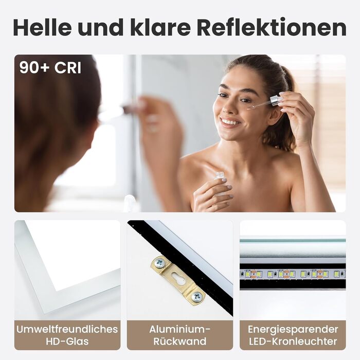 Дзеркало для ванної кімнати з підсвічуванням | LED дзеркало | IP54 вологостійке | Сенсорне керування | Настінне дзеркало (70x50 см)