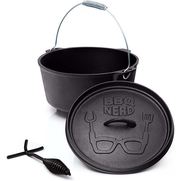 Голландська піч BBQ-Nerd 'Starter' 3.1L з ніжками - готова до використання, попередньо оброблена - чавунний котелок, жаровня з кришкою та підйомником кришки - вогнестійкий котелок для гриля та кемпінгу, котелок для гриля 'Starter' з ніжками 3.1 літр