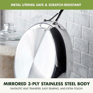 GreenPan Valencia Pro сковорода з нержавіючої сталі, 20.3 см, індукційна, дзеркальна, тришарова, з антипригарним покриттям з кераміки, без PFAS та PFOA, для кухні