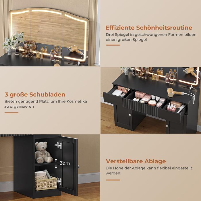 Великий туалетний столик AOGLLATI з великим дзеркалом та регульованою LED-підсвіткою. Косметичний столик з розетками, 3 висувними ящиками та 2 шафками. Сучасний туалетний столик для спальні (білий/чорний)