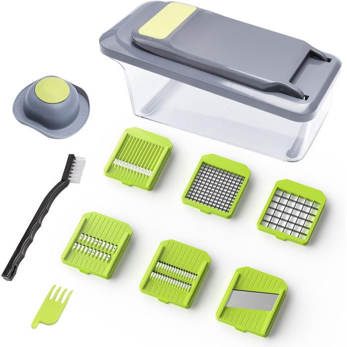 Ручний овочевий слайсер-мандоліна з 6 лезами та контейнером 3.3L - професійний овочевий слайсер з захистом рук, багатофункціональний, для слайсів, жульєну та подрібнення цибулі, чорно-зелений