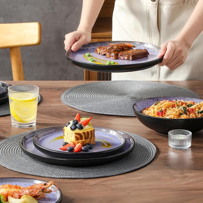 Набір посуду Steingut vancasso AMBER на 6 осіб (24 шт.): тарілки, супові тарілки, десертні тарілки, миски, реактивна глазур, колір фіолетовий, безпечний для миття в посудомийній машині