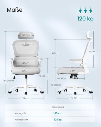 Офісне крісло SONGMICS з ергономічною спинкою з сітки, з регульованою підголівником та поперековою підтримкою, для дому та офісу, сірого кольору (OBN041G01)