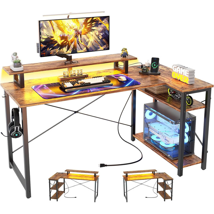 Кутовий ігровий стіл з LED-підсвіткою та розетками, 120x70 см, колір: сіра береза (рустикальний коричневий)