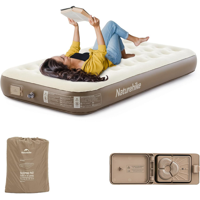 Надувна матрац Naturehike на 2 особи з акумуляторною електричною помпою, 200x150x25 см. Самостійно надувний, преміум-якість, для кемпінгу та дому. Колір: коричневий.