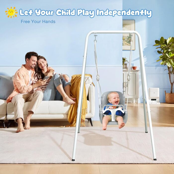 Дитяча гойдалка 2-в-1 з металевим каркасом, безпечний крісло-гойдалка для дому та вулиці (біла)