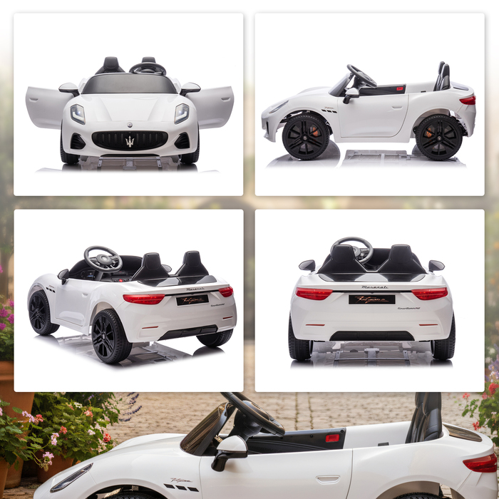 Дитячий електромобіль Maserati, 2 місця, акумулятор 12V, пульт дистанційного керування, світлодіодні вогні, музична панель, білий