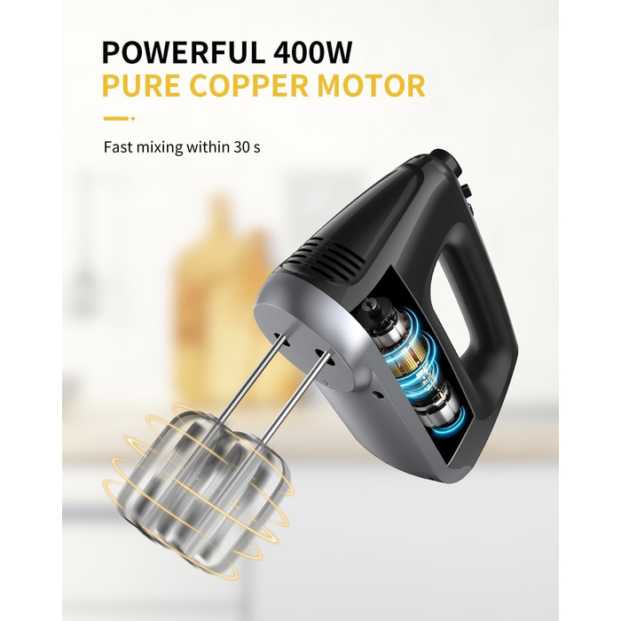 Електричний міксер ручний 6 швидкостей + турбо, без розбризкування, з набором аксесуарів з нержавіючої сталі, 400W, тихий мотор, великий об'єм