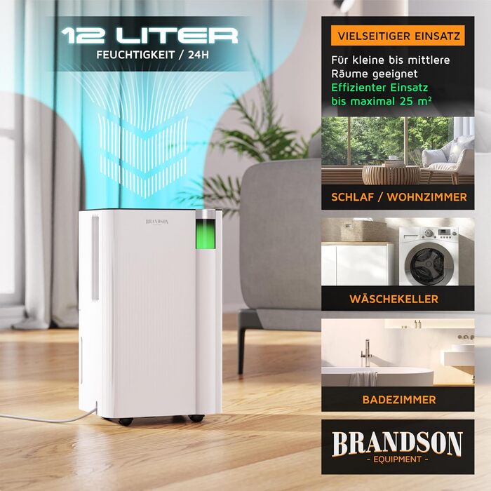 Електричний осушувач повітря Brandson з компресором, 12 літрів, Wi-Fi, з таймером, функцією відтавання, білий