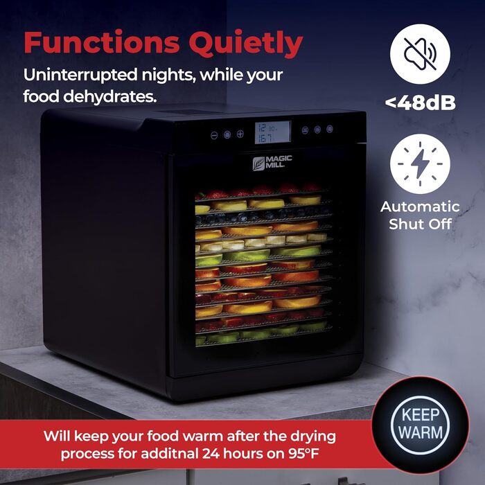 Сушарка для продуктів Caredy: 7 ярусів, цифровий таймер, регулювання температури, підігрів, для м'яса, фруктів, овочів, трав та джеркі