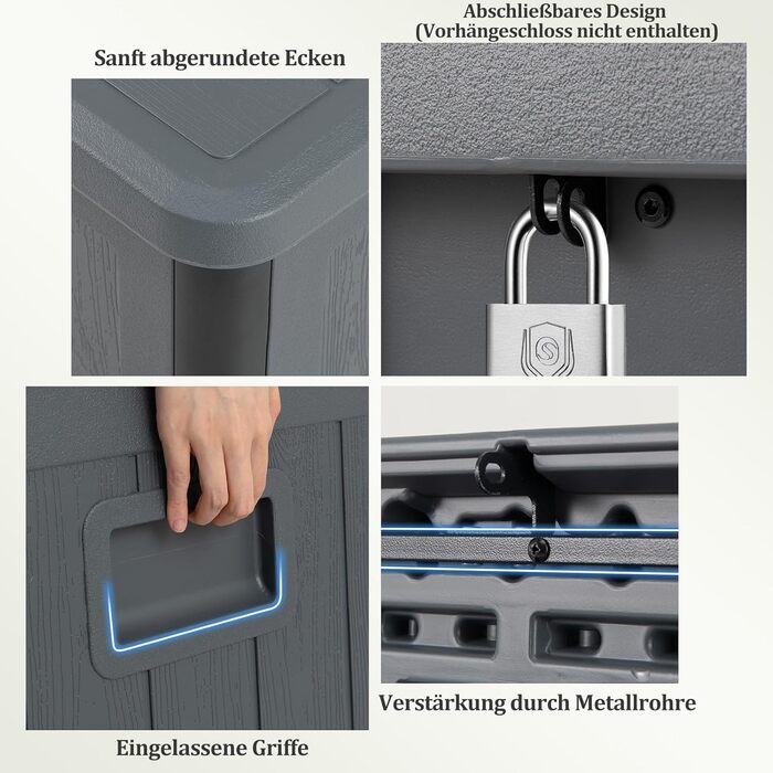 Ящик для зберігання садовий COSTWAY 378 л, водонепроникний, з кришкою на замок, для подушок та інструментів, сірий