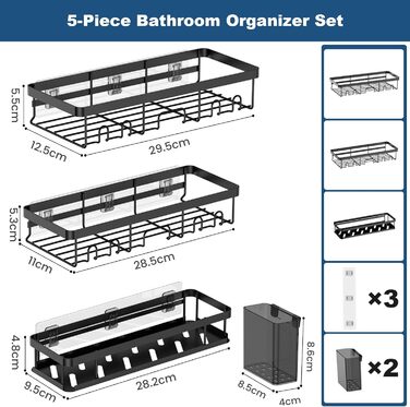 Настінна полиця для душу YEAUPE PRO з 3 ярусами – органайзер для ванної кімнати без свердління, для скляної душової кабіни, з 2 присосками, 6 гачками, міцний металевий, 78 см, до 18 кг, чорний