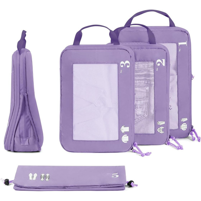 Набір органайзерів для валізи та рюкзака ECOHUB, компресійні пакувальні куби для одягу, 5 предметів (світло-фіолетовий)