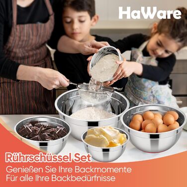 Набір місок HaWare з нержавіючої сталі, 7 шт., з кришками, для приготування їжі, випічки, салатів, 6.5/4.5/3/2.5/1.5/1.2/0.7 л (червоний, силіконове дно)