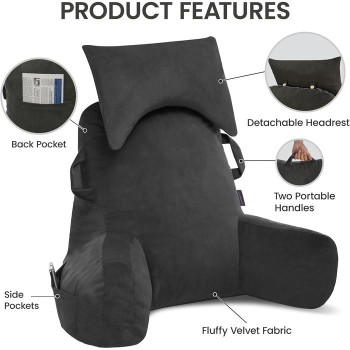 Підлогове крісло для читання з підголівником (Oeko-Tex), м'яке спинне крісло з підлокітниками та кишенями для дорослих, зручне ліжко-крісло з Memory Foam для гуртожитку (Сірий, Преміум Великий)