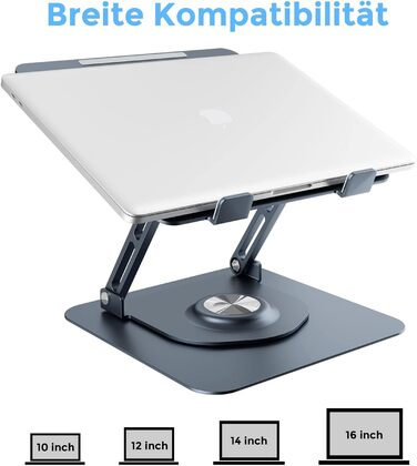 Підставка для ноутбука з поворотним основанням на 360°, регульована по висоті, ергономічна, з вентиляцією, складана, стабільна, з алюмінію, для столу (темно-сіра)