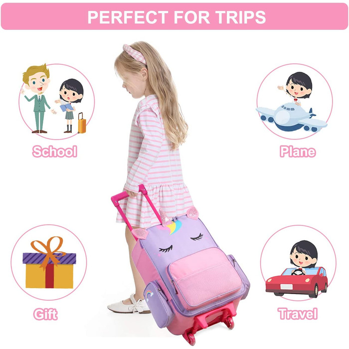 Витончений дитячий валізу, красивий дорожній валізу для хлопчиків, ручна поклажа, візок для малюків, дитячий сад, дитячий візок з колесами, 18 дюймів (Рожевий Єдиноріг)