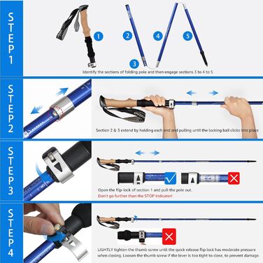 Туристичні палиці Overmont Карбон, надлегкі складні регульовані 105-125 см трекінгові палиці Палиці для скандинавської ходьби 1 пара з усіма аксесуарами для місцевості (7075 алюмінієвий, синій)