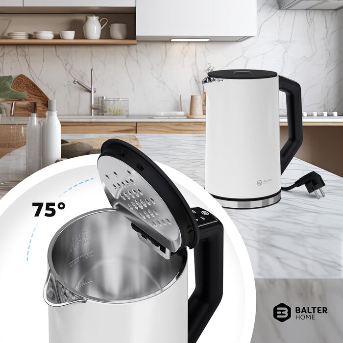Електричний чайник BALTER з регулюванням температури, 40°C-100°C, подвійні стінки, без BPA, тихий та бездротовий, 1.5L, 2200W, білий