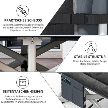 Розкладне кемпінгове ліжко CALIYO з матрацом, 200x80x40 см, витримує до 200 кг, сталевий каркас та тканина Оксфорд, чорне, з сумкою для зберігання