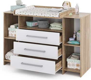 Комод-ліжечко Vicco Oskar з пеленальним столиком, сірий, 143 x 100 см XL з шухлядами білий/сірий (білий/сонома)