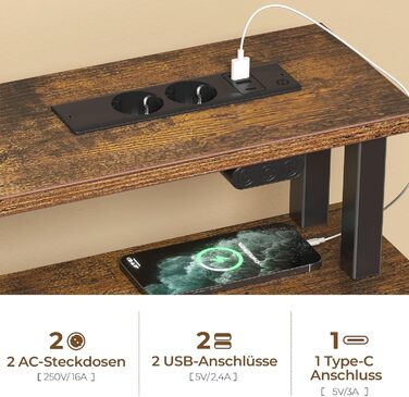 Комп'ютерний стіл Seventable з розетками та LED-підсвіткою, 100 см, геймінговий стіл з 5 висувними ящиками та підставкою для монітора, для офісу, кабінету, спальні, вітальні (Вінтажний коричневий)