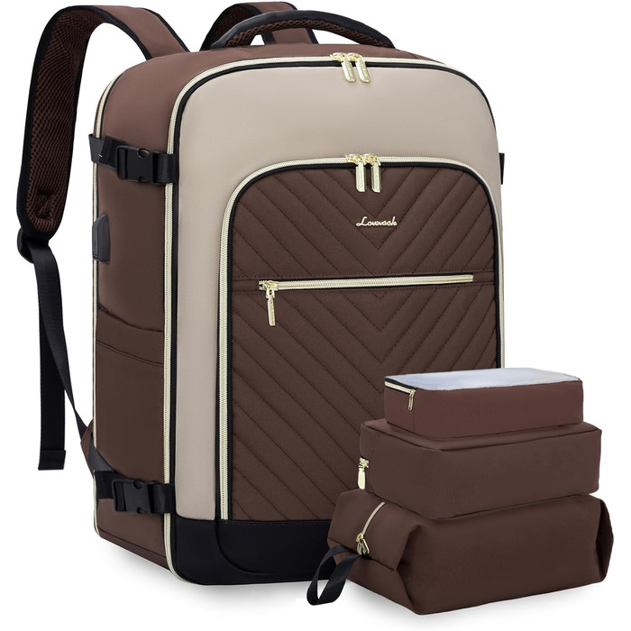 LOVEVOOK Рюкзак для ручної поклажі 40L, жіночий, для подорожей, великий, сумка-рюкзак для ручної поклажі в літак, для ноутбука, водонепроникний, рюкзак для подорожей, з косметичкою, сумка Weekender для подорожей, ділових поїздок (17.3 дюймів, Коричневий, 