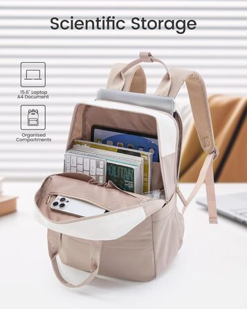 Сумка-рюкзак LOVEVOOK для жінок, 15.6 дюймів, для ноутбука, шкільна сумка для підлітків, дівчаток, елегантний туристичний рюкзак, сумка для роботи, повсякденна сумка, водонепроникна, для подорожей, навчання, роботи (15.6 дюймів, Бежево-рожевий)