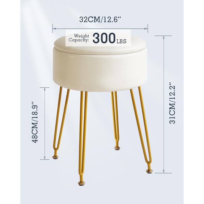 Пуф з м'якою оббивкою та місцем для зберігання IBUYKE, білий, з металевими ніжками, знімний чохол