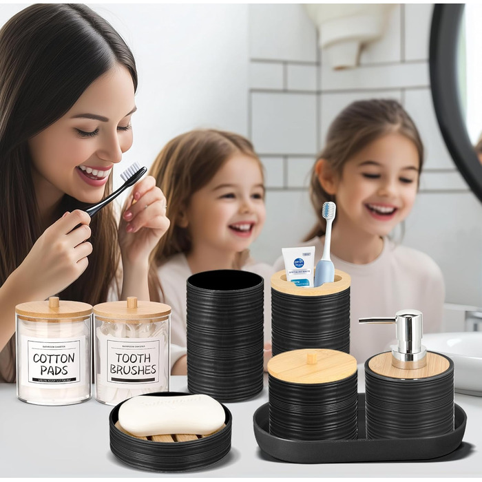 Набір аксесуарів для ванної кімнати IMAVO, 9 предметів, чорний: миска для мила, диспенсер для мила, тримач для зубних щіток, стакан для зубних щіток, тримач для туалетного йоржика, диспенсер для ватних паличок