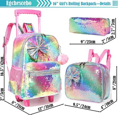 Дитячий рюкзак Egchescebo Satchel для дівчаток Колеса 17 3PCS Туристичні рюкзаки Рожевий bd