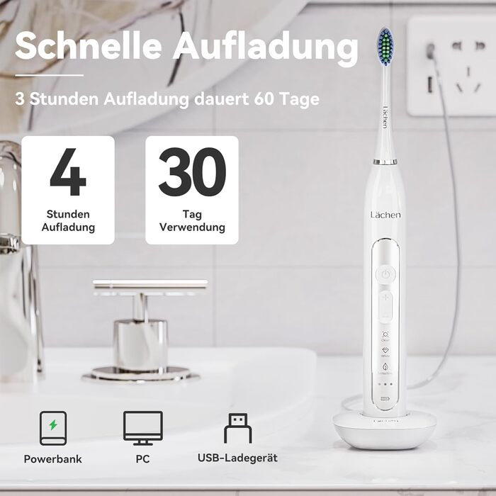 Електрична зубна щітка Lächen Sonic RM-T8B з 4 насадками, таймером, 3 режимами та 3 рівнями вібрації, білий