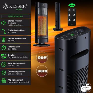Обігрівач KESSER® 2000W з пульт дистанційного керування, керамічний, тихий, з осциляцією, таймером, 15-30°C, чорний