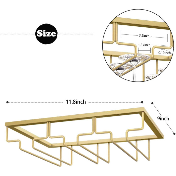Тримач для келихів вина – органайзер для шафи – металевий тримач для стількових келихів, для кухні, бару (золотий, 3 ряди, 1 шт.)