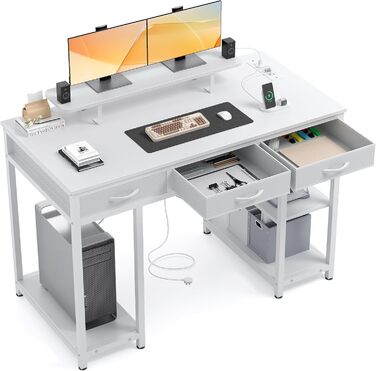 Комп'ютерний стіл Claiks з 3 шухлядами, 120 x 60 см, з полицею, 2 розетки та 2 USB-порти, для офісу та дому, білий