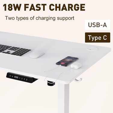 Електричний стіл 140x70 см з регулюванням висоти, USB-A/Type-C, пам’яттю і функцією повернення, висота 70–119 см