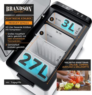 Автохолодильник Brandson ECO Kompressor XXL 30л електричний 12/24V – охолодження до -22°C для авто, кемпінгу, вантажівок, човнів (білий)